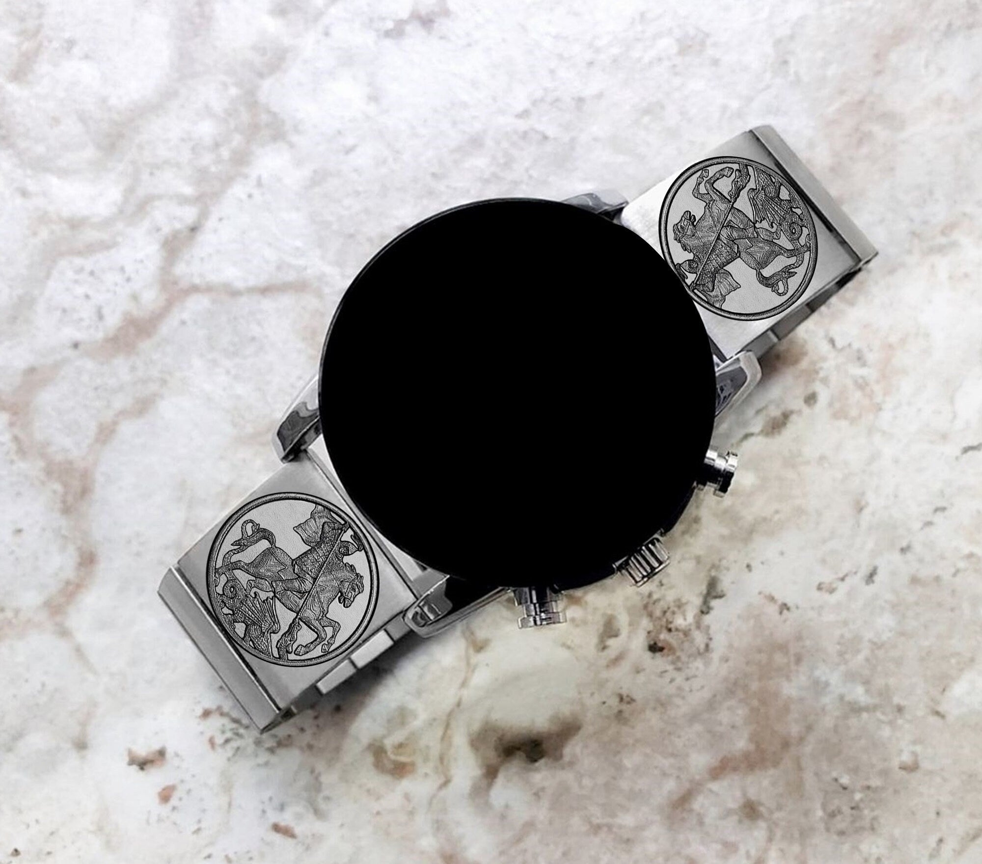 Samsung Watch Band Saint George for Galaxy Watch 3 45mm 46mm Gear S3 Frontier Classic Engraved Silver Stainless Steel Strap DK2 -B22